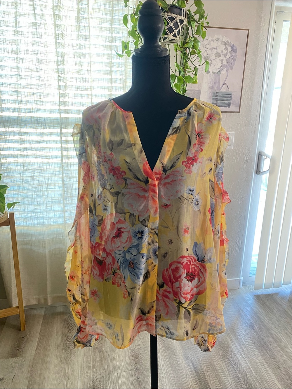 White House Black Market Yellow Floral Sheer Blouse